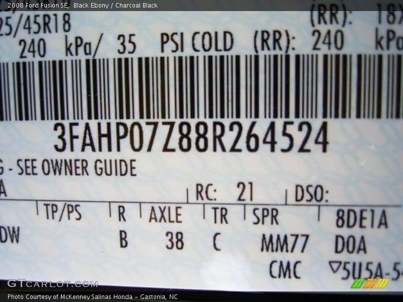 Black Ebony / Charcoal Black 2008 Ford Fusion SE