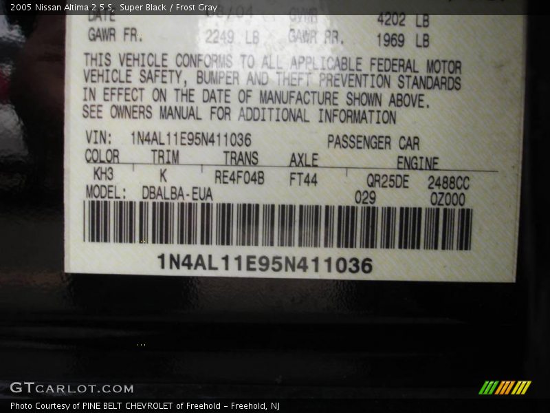 Super Black / Frost Gray 2005 Nissan Altima 2.5 S