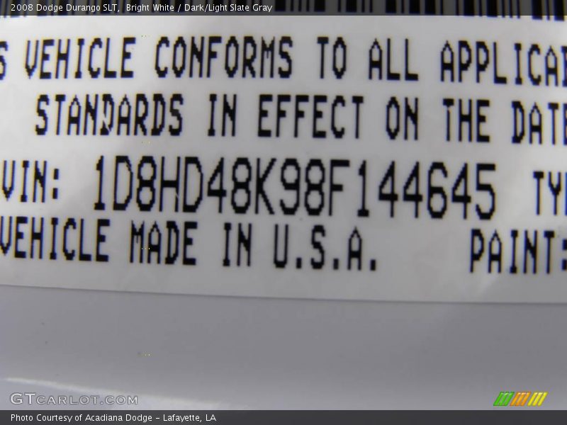 Bright White / Dark/Light Slate Gray 2008 Dodge Durango SLT