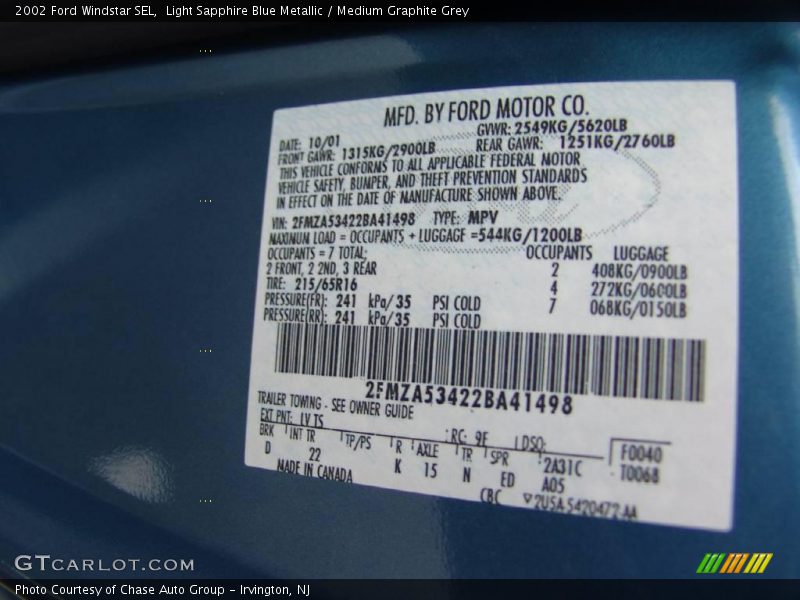 Light Sapphire Blue Metallic / Medium Graphite Grey 2002 Ford Windstar SEL