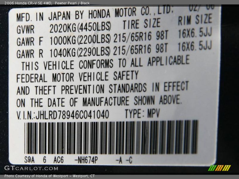 Pewter Pearl / Black 2006 Honda CR-V SE 4WD