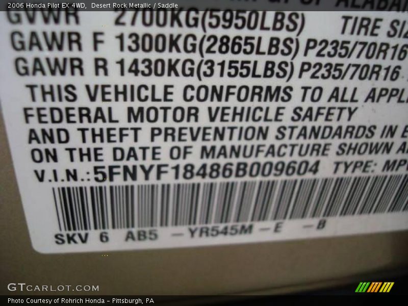 Desert Rock Metallic / Saddle 2006 Honda Pilot EX 4WD