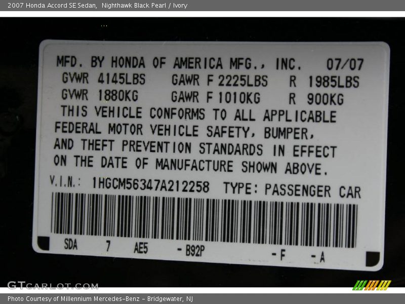 Nighthawk Black Pearl / Ivory 2007 Honda Accord SE Sedan