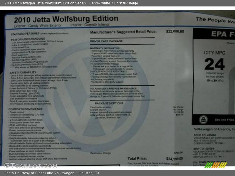 Candy White / Cornsilk Beige 2010 Volkswagen Jetta Wolfsburg Edition Sedan