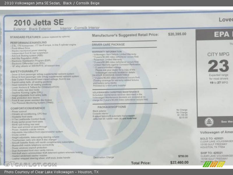 Black / Cornsilk Beige 2010 Volkswagen Jetta SE Sedan