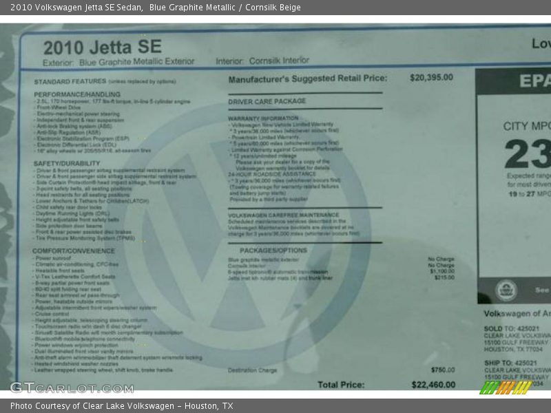 Blue Graphite Metallic / Cornsilk Beige 2010 Volkswagen Jetta SE Sedan
