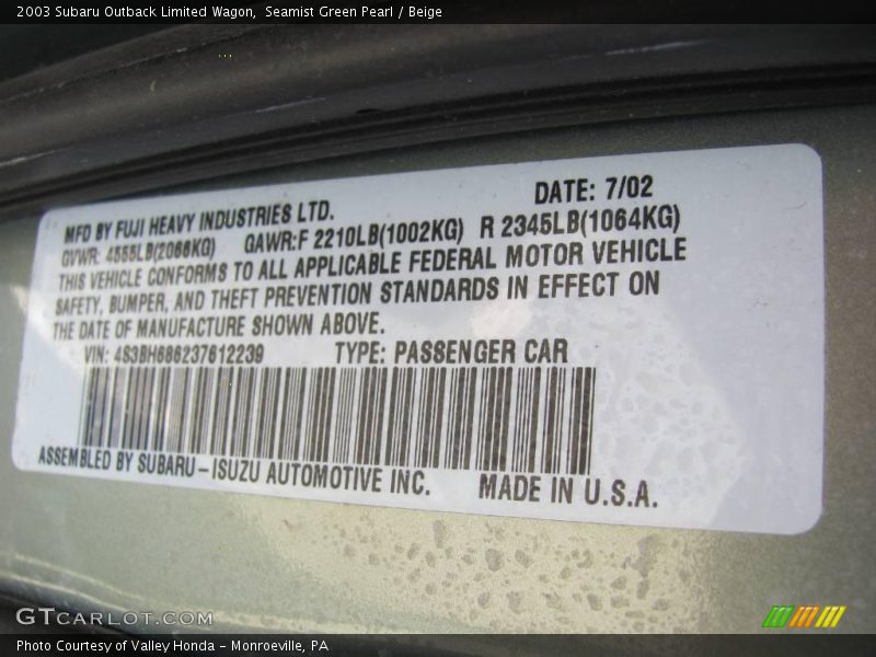 Seamist Green Pearl / Beige 2003 Subaru Outback Limited Wagon
