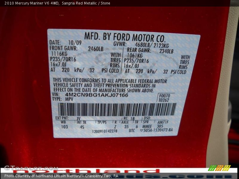 Sangria Red Metallic / Stone 2010 Mercury Mariner V6 4WD