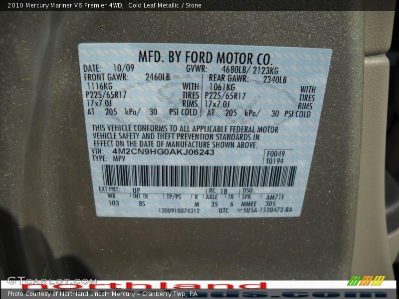 Gold Leaf Metallic / Stone 2010 Mercury Mariner V6 Premier 4WD