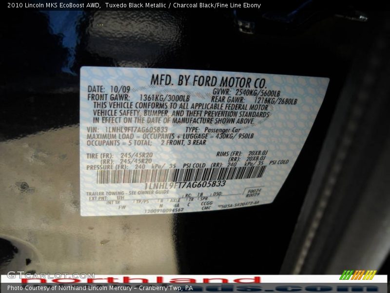 Tuxedo Black Metallic / Charcoal Black/Fine Line Ebony 2010 Lincoln MKS EcoBoost AWD