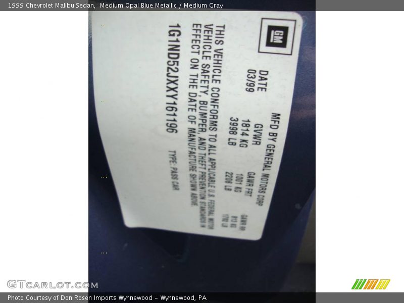 Medium Opal Blue Metallic / Medium Gray 1999 Chevrolet Malibu Sedan
