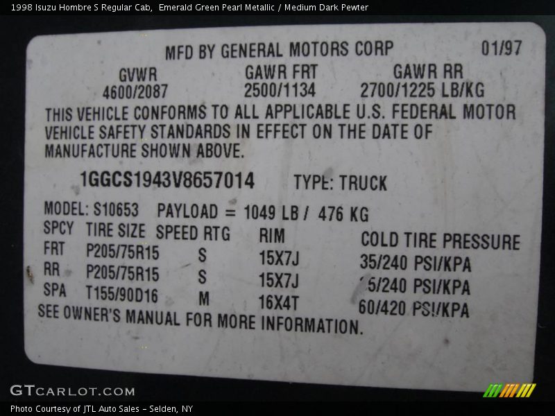 Emerald Green Pearl Metallic / Medium Dark Pewter 1998 Isuzu Hombre S Regular Cab