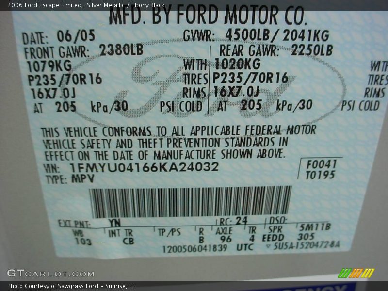 Silver Metallic / Ebony Black 2006 Ford Escape Limited