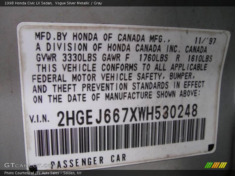 Vogue Silver Metallic / Gray 1998 Honda Civic LX Sedan
