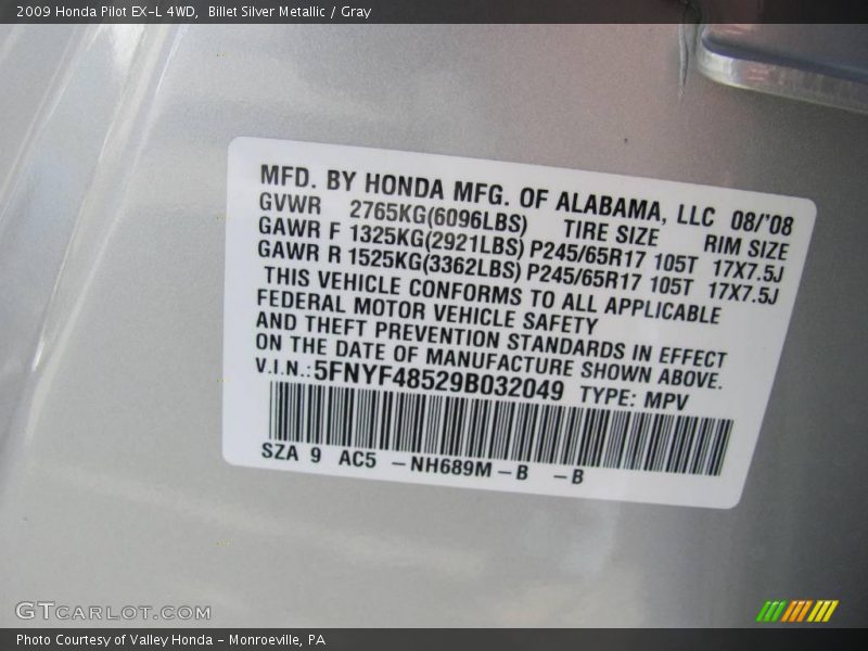 Billet Silver Metallic / Gray 2009 Honda Pilot EX-L 4WD
