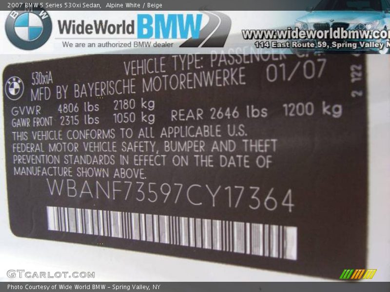 Alpine White / Beige 2007 BMW 5 Series 530xi Sedan