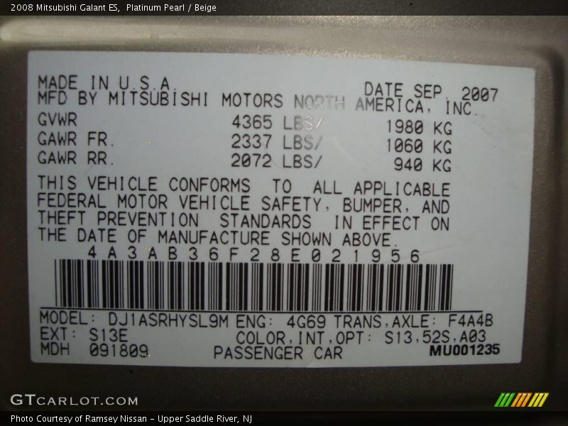 Platinum Pearl / Beige 2008 Mitsubishi Galant ES