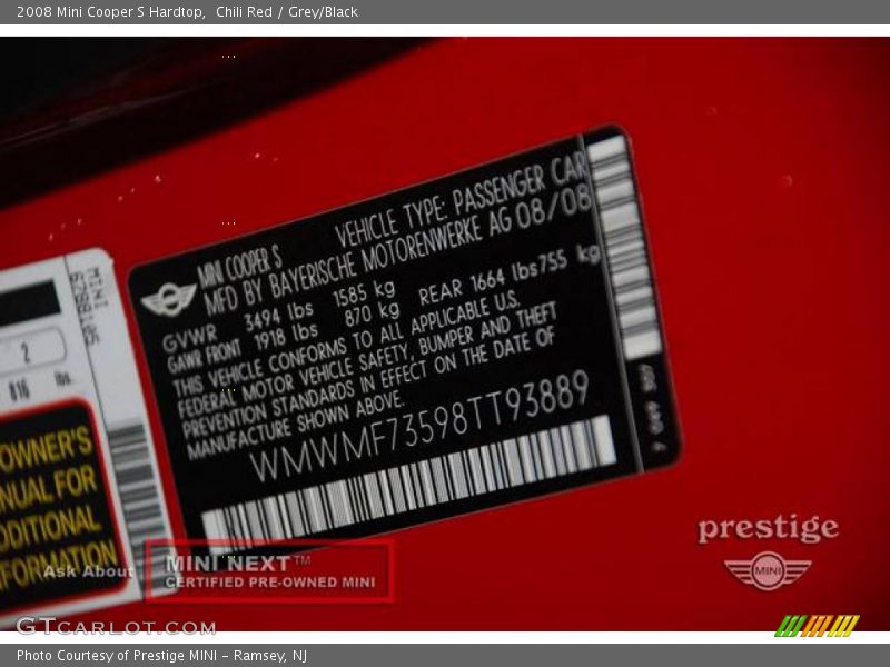 Chili Red / Grey/Black 2008 Mini Cooper S Hardtop