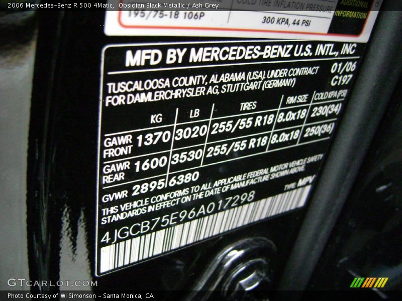 Obsidian Black Metallic / Ash Grey 2006 Mercedes-Benz R 500 4Matic