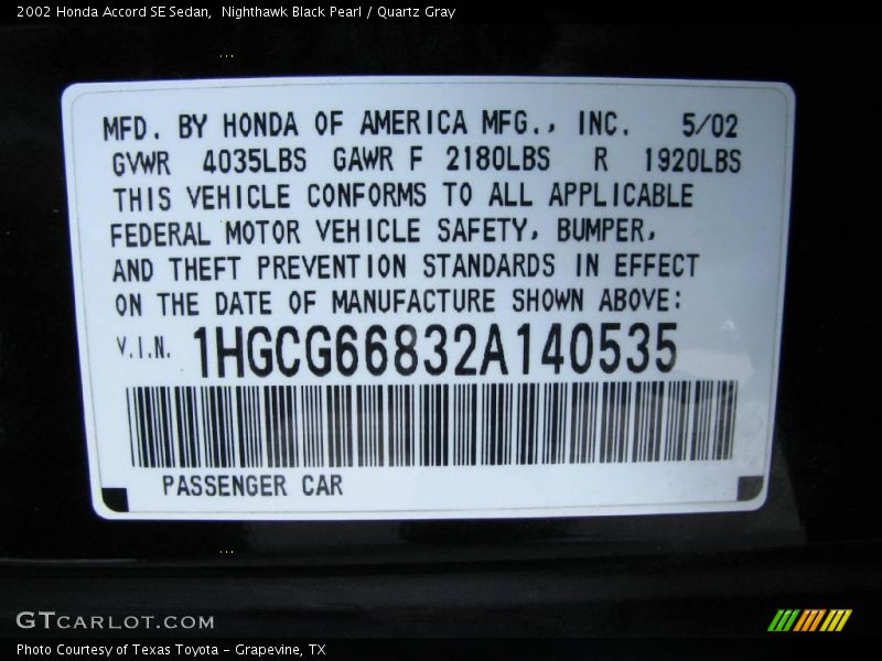 Nighthawk Black Pearl / Quartz Gray 2002 Honda Accord SE Sedan