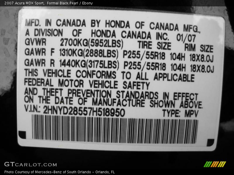 Formal Black Pearl / Ebony 2007 Acura MDX Sport
