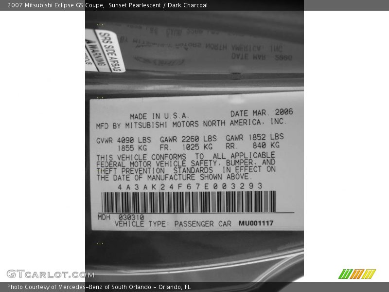 Sunset Pearlescent / Dark Charcoal 2007 Mitsubishi Eclipse GS Coupe