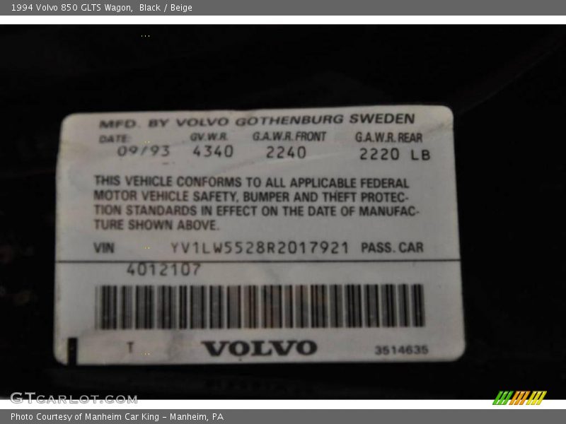 Black / Beige 1994 Volvo 850 GLTS Wagon