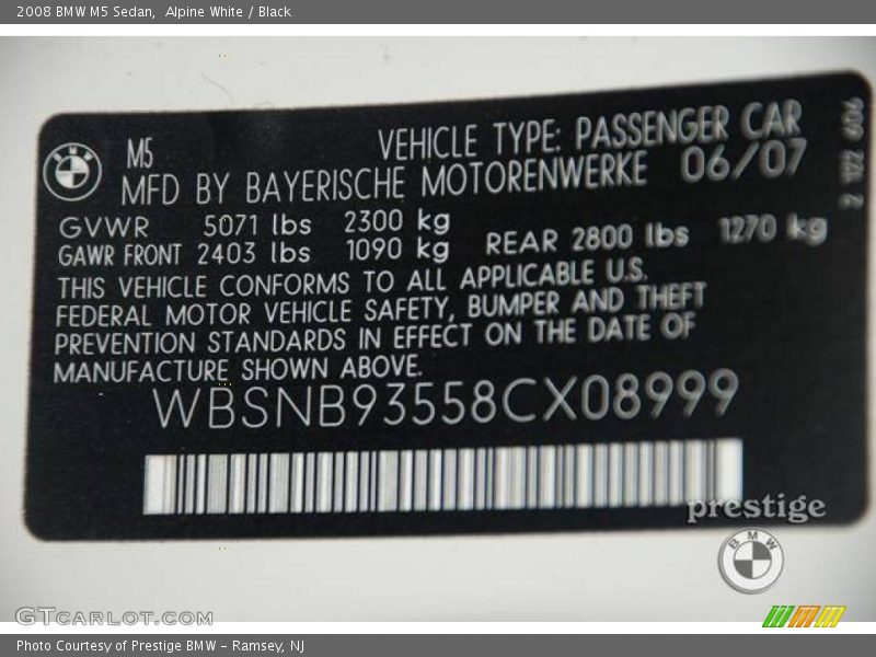 Alpine White / Black 2008 BMW M5 Sedan
