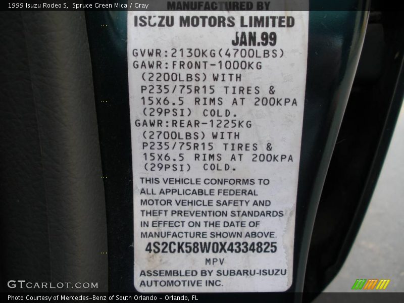 Spruce Green Mica / Gray 1999 Isuzu Rodeo S