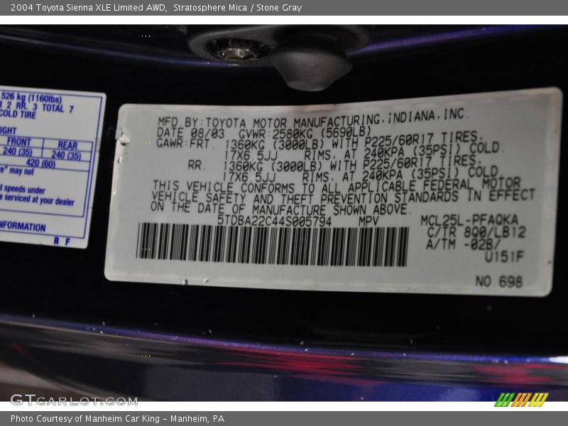 2004 Sienna XLE Limited AWD Stratosphere Mica Color Code 8Q0