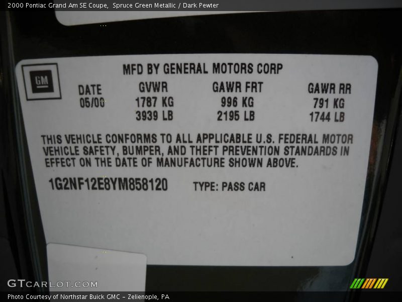 Spruce Green Metallic / Dark Pewter 2000 Pontiac Grand Am SE Coupe