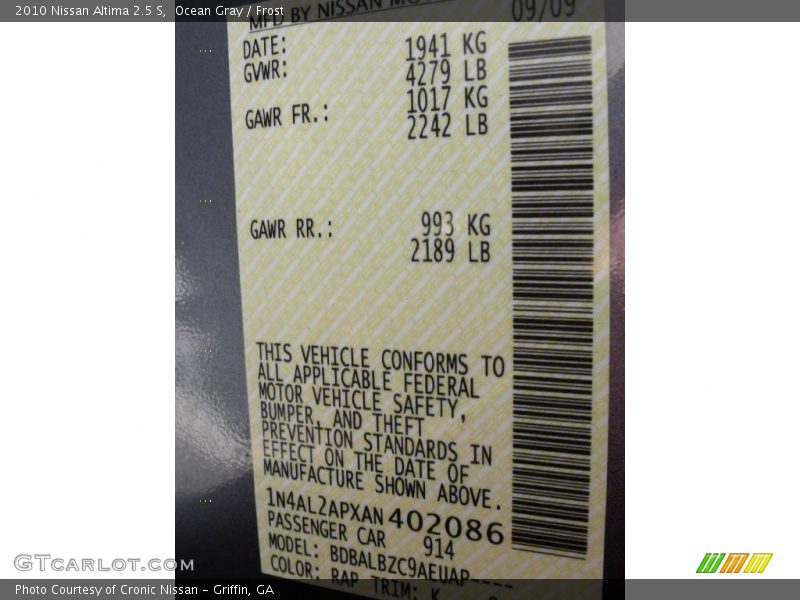 Ocean Gray / Frost 2010 Nissan Altima 2.5 S