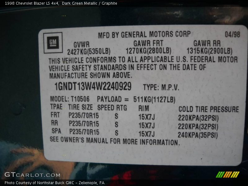 Dark Green Metallic / Graphite 1998 Chevrolet Blazer LS 4x4