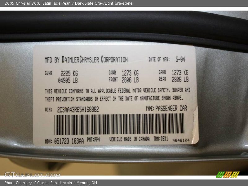 Satin Jade Pearl / Dark Slate Gray/Light Graystone 2005 Chrysler 300