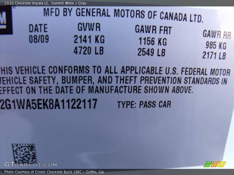 Summit White / Gray 2010 Chevrolet Impala LS