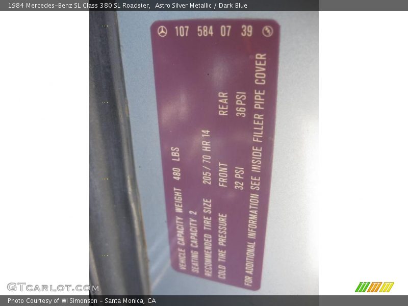 Astro Silver Metallic / Dark Blue 1984 Mercedes-Benz SL Class 380 SL Roadster