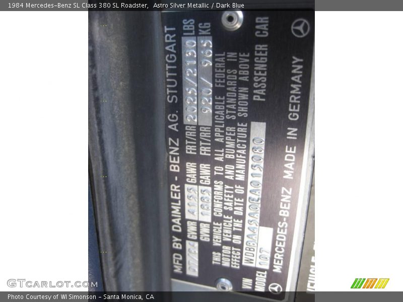 Astro Silver Metallic / Dark Blue 1984 Mercedes-Benz SL Class 380 SL Roadster