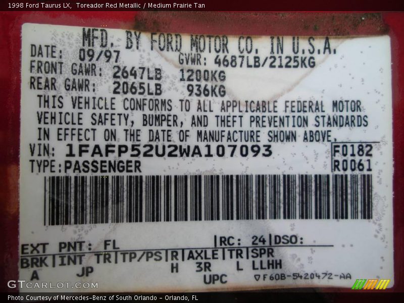 Toreador Red Metallic / Medium Prairie Tan 1998 Ford Taurus LX
