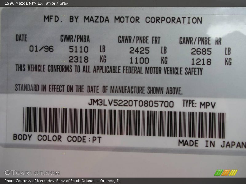 White / Gray 1996 Mazda MPV ES