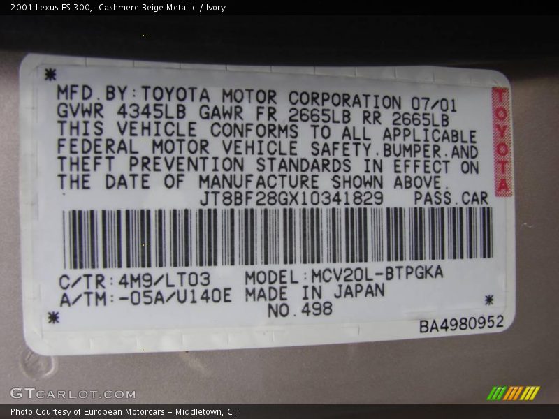 Cashmere Beige Metallic / Ivory 2001 Lexus ES 300