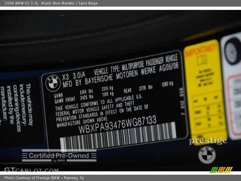 Mystic Blue Metallic / Sand Beige 2006 BMW X3 3.0i
