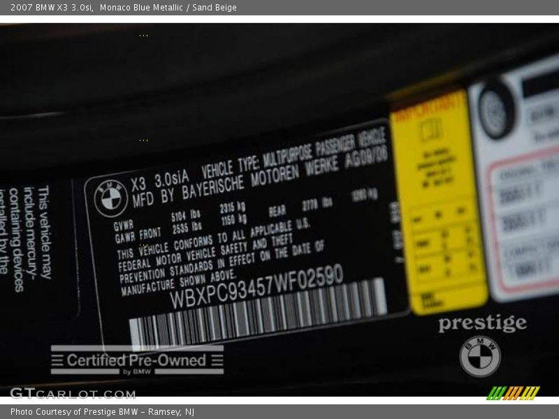 Monaco Blue Metallic / Sand Beige 2007 BMW X3 3.0si