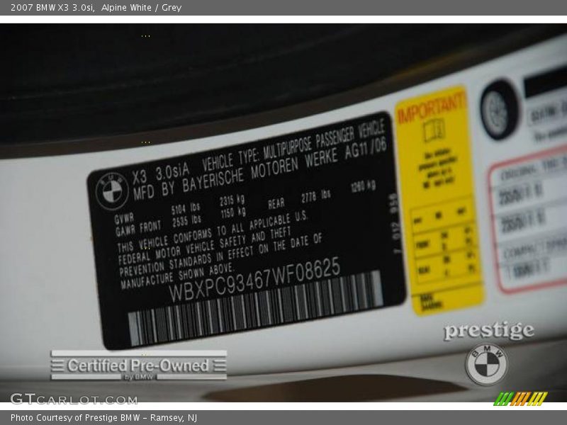 Alpine White / Grey 2007 BMW X3 3.0si