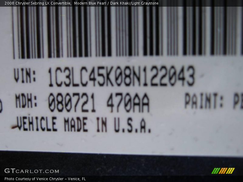 Modern Blue Pearl / Dark Khaki/Light Graystone 2008 Chrysler Sebring LX Convertible
