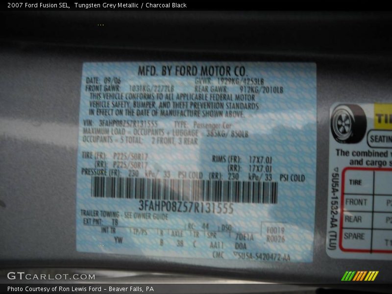 Tungsten Grey Metallic / Charcoal Black 2007 Ford Fusion SEL