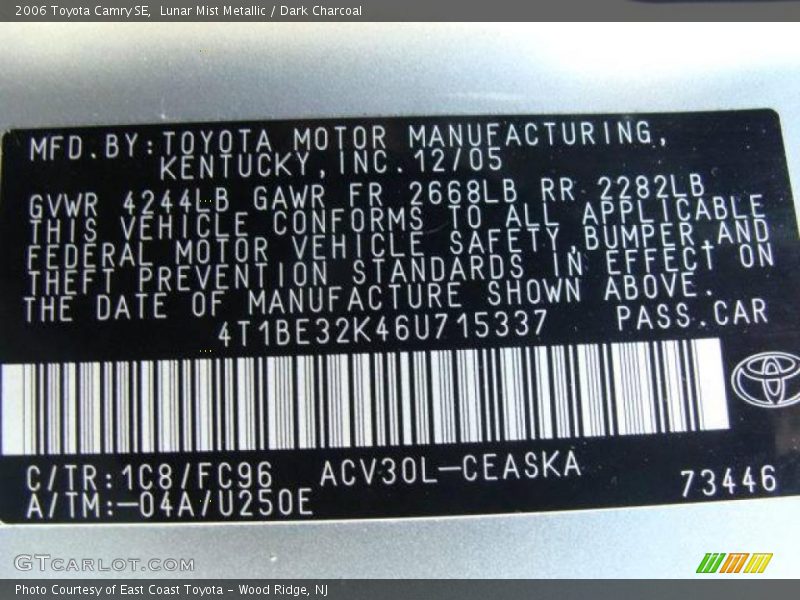 Lunar Mist Metallic / Dark Charcoal 2006 Toyota Camry SE