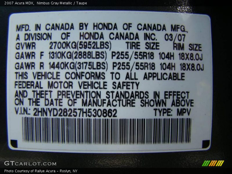 Nimbus Gray Metallic / Taupe 2007 Acura MDX