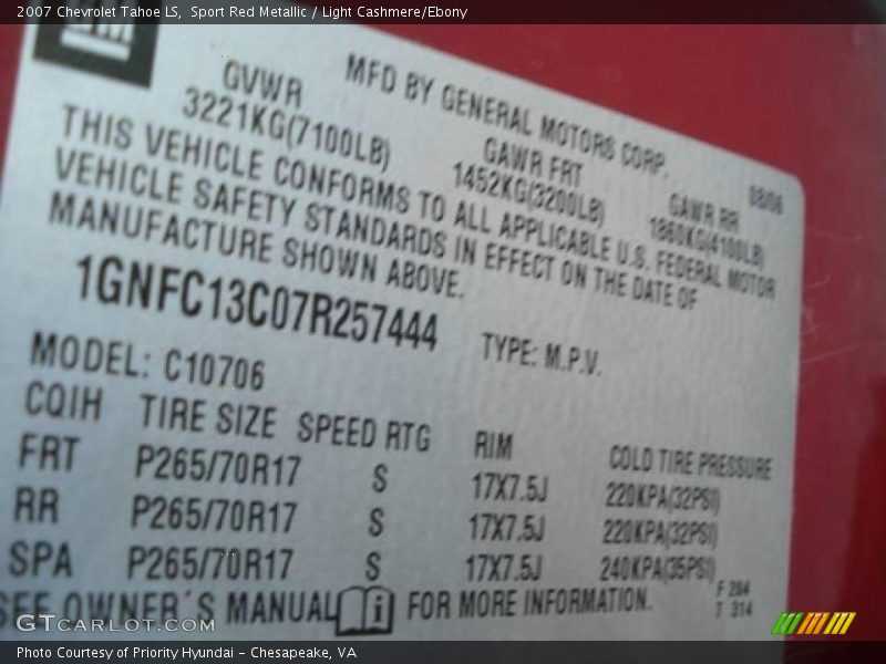 Sport Red Metallic / Light Cashmere/Ebony 2007 Chevrolet Tahoe LS