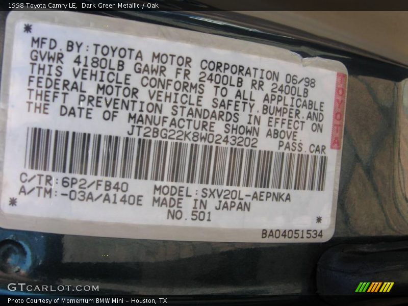 Dark Green Metallic / Oak 1998 Toyota Camry LE