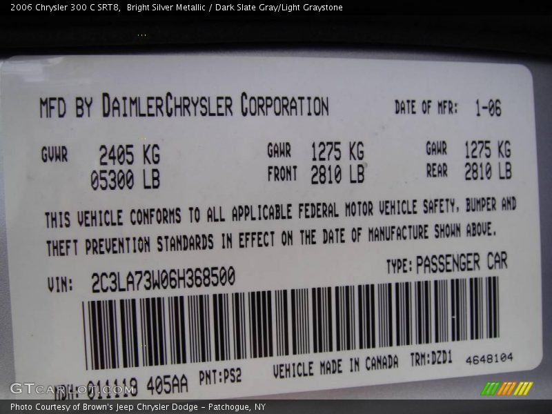 Bright Silver Metallic / Dark Slate Gray/Light Graystone 2006 Chrysler 300 C SRT8